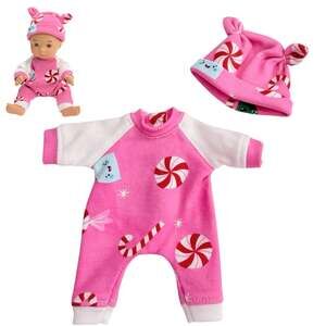 Christmas Doll Pajamas Sleeper Hat Pink Fit American Girl Little Bitty Baby 7"